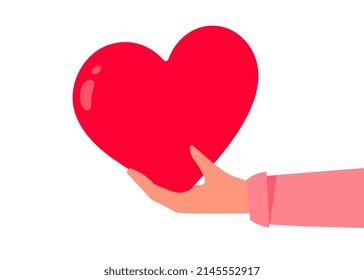 Vector kindness donation illustration with red shape heart on white color background. Charity hand give heart. Flat style romantic design of sharing love for Valentine's Day greeting card, poster