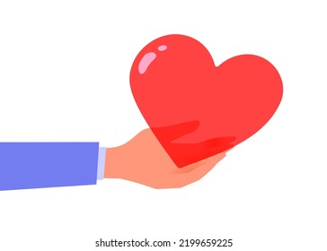 Vector kindness donation illustration with red shape heart on white color background. Charity hand give heart. Flat style romantic design of sharing love for Valentine's Day greeting card, poster