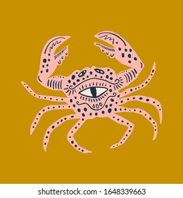 Vector king crab vintage patterned illustration, collage style art, ocean animals fauna