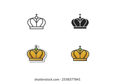 vector king crown with green jewels made in outline, silhouette, stickers and outline filled styles