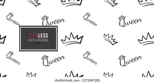 Vector king crown and queen inscription seamless pattern background. Black outline hand drawn crown illustrations. Simple fashionable backdrop for invitation and wedding decoration design.