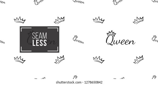 Vector king crown and queen inscription seamless pattern background. Black outline hand drawn crown illustrations. Simple fashionable backdrop for invitation and wedding decoration design.