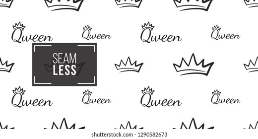 Vector king crown and queen inscription seamless pattern background. Black outline hand drawn crown illustrations. Simple fashionable backdrop for invitation and wedding decoration design.