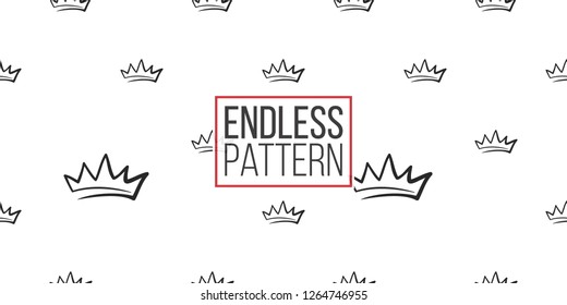 Vector king crown seamless pattern background. Black outline hand drawn crown illustrations. Simple fashionable backdrop for invitation and wedding decoration design.