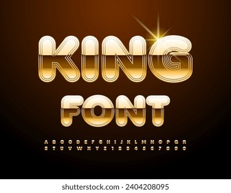 Vector King Gold Alphabet. Unique Glossy Font. Reflective Luxury Letters, Numbers and Symbols.