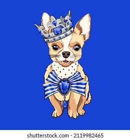 El perro dibujado a mano del rey vector adorable ilustración de dibujos animados sobre fondo azul.