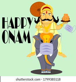 Vector Of King Mahabali Or Maveli Riding On Elephant With Wearing Surigical Face Mask Due To Outbreak Of Coronavirus, Covid-19, In Onam Festival Of Kerala.Happy Onam Greeting. 