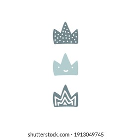 Vector king and queen crown, flat vector cartoon illustration doodle drawing, baby blue crowns with dots and lines inside, crowns drawing. princess diadem symbol.