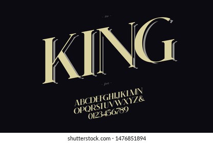 Vector king royal font for greeting card, wedding, christmas sign, party poster, book, t shirt, flyer, decoration, banner, printing. Modern calligraphy classic alphabet. 10 eps