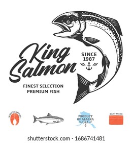 Vector king salmon logo isolated on a white background. Salmon raw steak, fillet and fish illustration