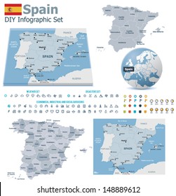 Vector Kingdom of Spain political and administrative divisions maps, Spain flag, Earth globe showing country location, map markers and related icon set