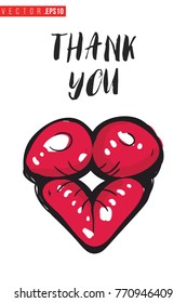 Vector kiss lips with motivational text: thank you. Fashion accessory illustration in glamour style for beauty salon, shop, blog print. Isolated symbol on white background.