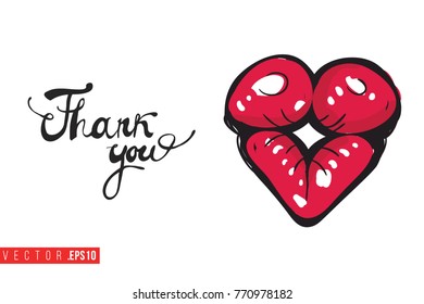 Vector kiss lips with motivational text: thank you. Fashion accessory illustration in glamour style for beauty salon, shop, blog print. Isolated symbol on white background.