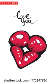 Vector kiss lips with motivational text: love you. Fashion accessory illustration in glamour style for beauty salon, shop, blog print. Isolated symbol on white background.