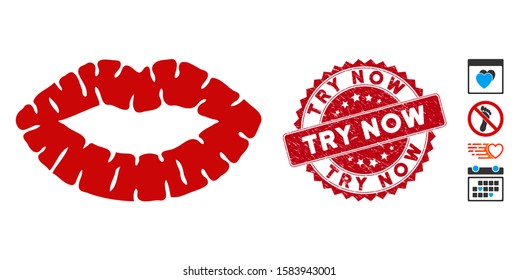 Vector kiss print icon and corroded round stamp seal with Try Now caption. Flat kiss print icon is isolated on a white background. Try Now stamp seal uses red color and grunge design.