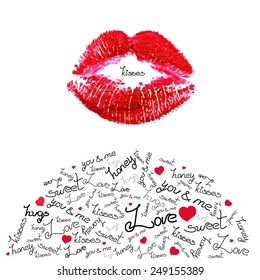 Vector kiss trace and sweet love words. Red lipstick trace on white paper.