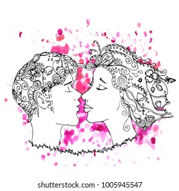 Vector kissing couple in doodle style on doodle background. Can be used as card, invitation, background, adult coloring book. Hand drawn style. Wedding invitation. Zentagle. st. Valentine's day card.