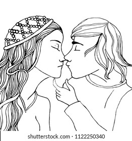 vector kissing couple in doodle style. Can be used as card, invitation, background, adult coloring book. Hand drawn style. Wedding invitation. Zentagle. st. Valentine's day card.