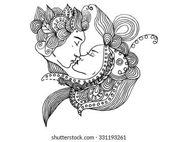 vector kissing couple in doodle style on white background. Can be used as card, invitation, background element, adult coloring book. Hand drawn style. Wedding invitation. Zentagle.