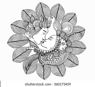 vector kissing couple in doodle style on doodle background. Can be used as card, invitation, background, adult coloring book. Hand drawn style. Wedding invitation. Zentagle. St. Valentine's day card.