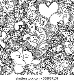 vector kissing couple in doodle style on doodle background. Can be used as card, invitation, background, adult coloring book. Hand drawn style. Wedding invitation. Zentagle. st. Valentine's day card.