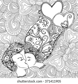 vector kissing couple in doodle style on doodle background. Can be used as card, invitation, background, adult coloring book. Hand drawn style. Wedding invitation. Zentagle. st. Valentine's day card.