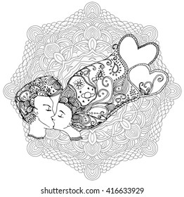 vector kissing couple in doodle style on doodle background. Can be used as card, invitation, background, adult coloring book. Hand drawn style. Wedding invitation. Zentagle. st. Valentine's day card.