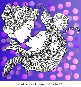 vector kissing couple in doodle style on doodle background. Can be used as card, invitation, background, adult coloring book. Hand drawn style. Wedding invitation. Zentagle. st. Valentine's day card.