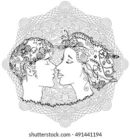 Vector kissing couple in doodle style on doodle background. Can be used as card, invitation, background, adult coloring book. Hand drawn style. Wedding invitation. Zentagle. st. Valentine's day card.