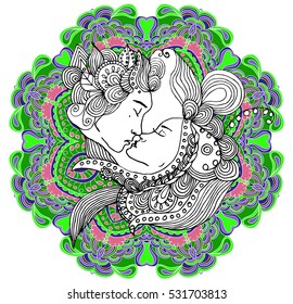 vector kissing couple in doodle style on doodle background. Can be used as card, invitation, background, adult coloring book. Hand drawn style. Wedding invitation. Zentagle. st. Valentine's day card.
