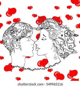 Vector kissing couple in doodle style on doodle background. Can be used as card, invitation, background, adult coloring book. Hand drawn style. Wedding invitation. Zentagle. St. Valentine's day card.