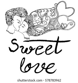 Vector kissing couple in doodle style on doodle background. Can be used as card, invitation, background, adult coloring book. Hand drawn style. Wedding invitation. Zentagle. st. Valentine's day card.