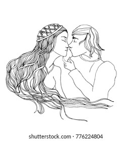 Vector kissing couple in doodle style on doodle background. Can be used as card, invitation, background, adult coloring book. Hand drawn style. Wedding invitation. Zentagle. st. Valentine's day card.