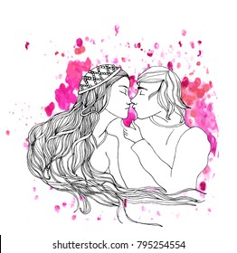 Vector kissing couple in doodle style on doodle background. Can be used as card, invitation, background, adult coloring book. Hand drawn style. Wedding invitation. Zentagle. st. Valentine's day card.