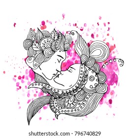 Vector kissing couple in doodle style on doodle background. Can be used as card, invitation, background, adult coloring book. Hand drawn style. Wedding invitation. Zentagle. st. Valentine's day card.