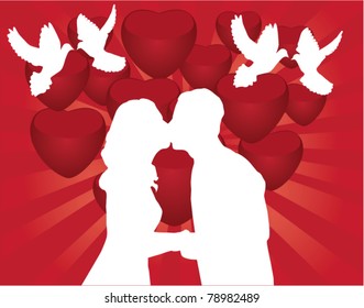 vector kissing couple with doves and red hearts at background