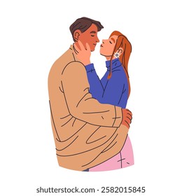 Vector kissing couple. Romantic people kiss. Love and affection, romance emotion. Passion and caring relationship. Man and woman bonding. Heartfelt moment. Intimacy and togetherness, warm theme.