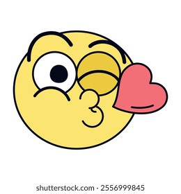 Vector Kissing Face Emoji Cartoon Groovy Illustration Isolated