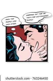 Vector Kissing Lovers. Stylization under the Romantic Scene from Retro Comic Book