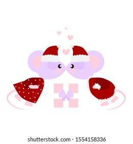 Vector kissing mice in love with hearts, wedding paar Santa Claus and wife with gift box. Symbol of 2020 Year