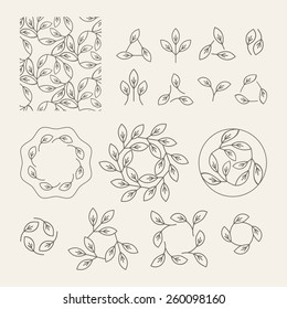 Vector kit for branding: seamless pattern, logo templates, monogram frames. Linear floral elements. Stylized leaves form modern logotypes with eco and bio direction. Contemporary graphic design.