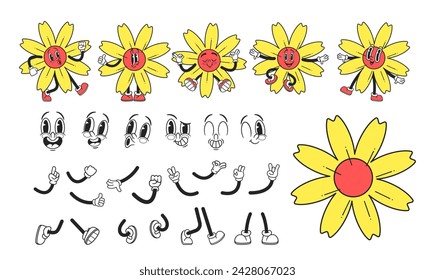 Vector Kit For Constructing Retro Groovy Daisy Flower Character From The 70s. Includes Faces, Legs, Hands And Emotions