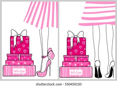 Vector kit of contemporary greeting cards for holidays design. Fashion illustration with cute girls in high heels, gift boxes and presents. Best collection for Valentines day, Happy Birthday. 