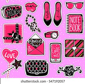 Vector kit of contemporary patches: high heels,gift box, phone,hearts,card,bag,note book,glasses, lips.Set with glamour elements.Cute stickers for girls.Fashion accessories.