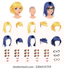 Vector Kit of girl face construction: avatar creation with various styles of hair, mouth and glasses. Create your own icons and  avatar of girl faces.