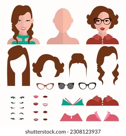 Vector Kit of girl face construction: avatar and icon creation with various styles of hair, lips clothes and glasses. Create your own icons , avatar and cartoon of girl faces.