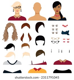 Vector Kit of girl face construction: avatar and icon creation with various styles of hair, lips, clothes and glasses. Create your own icons , avatar and cartoon of girl faces.