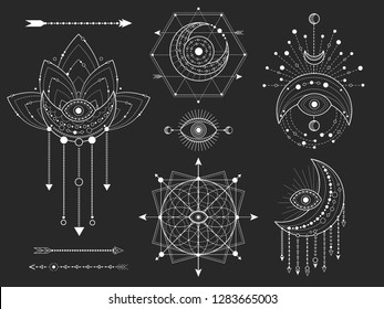 Vector kit of Sacred geometric and natural symbols on black background. Abstract mystic signs collection. White linear shapes. For you design or modern magic craft.