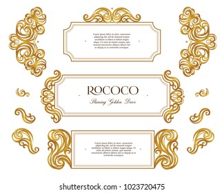 Vector kit of vintage frame; ornate floral vignette for design template. Victorian style gold element. Arabic golden motifs. Ornamental illustration for invitation, card, leaflet, flyer, layout.