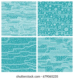 Vector kit of white abstract pattern on dark azure background. Set of backdrops of geometric shapes, wavy lines and simple shapes. Ornament print for fabrics or packaging.
